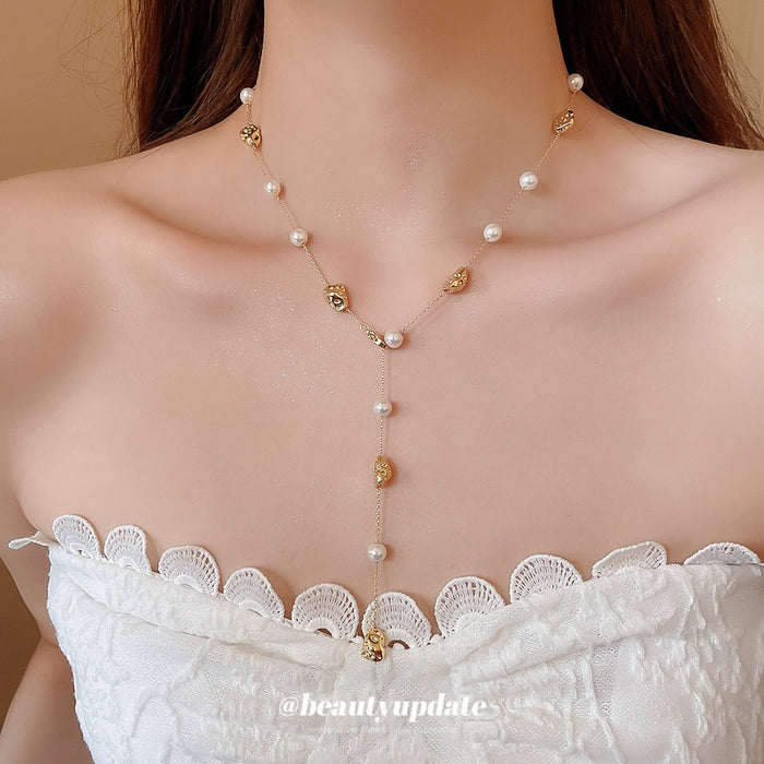 18K Gold Plated Irregular Faux Pearl Beaded Necklace, French Court Style Collarbone Jewelry