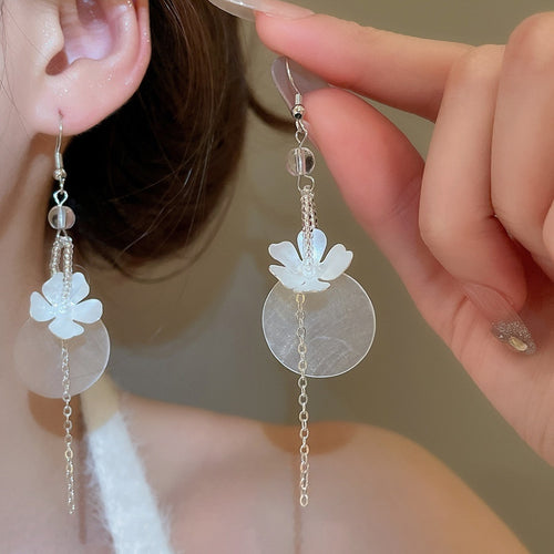 Crystal Flower Geometric Round Shell Tassel Drop Earrings For Women Light Luxury Style