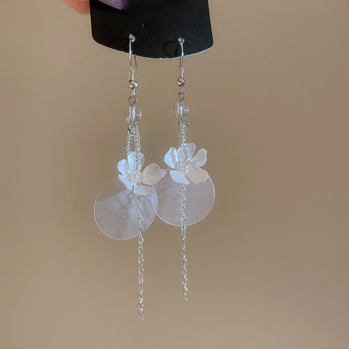 Crystal Flower Geometric Round Shell Tassel Drop Earrings For Women Light Luxury Style