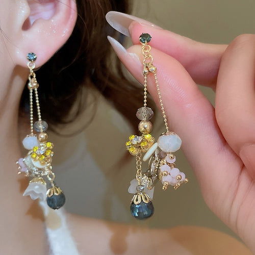 Silver Pin Geometric Round Crystal Flower Pendant Drop Earrings Light Luxury For Women