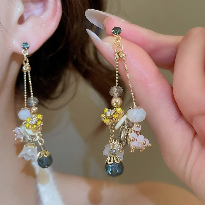 Silver Pin Geometric Round Crystal Flower Pendant Drop Earrings Light Luxury For Women