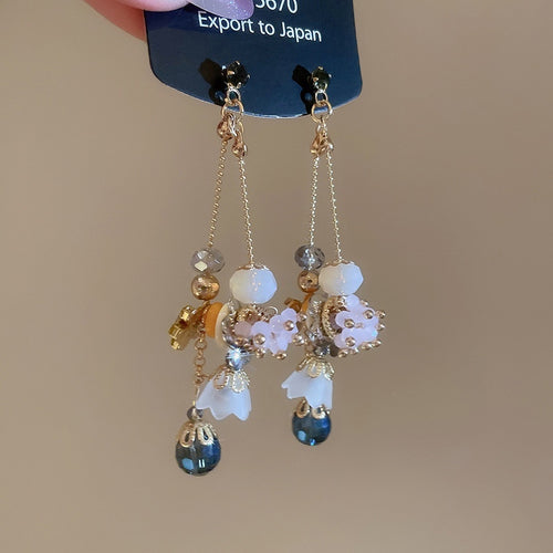 Silver Pin Geometric Round Crystal Flower Pendant Drop Earrings Light Luxury For Women