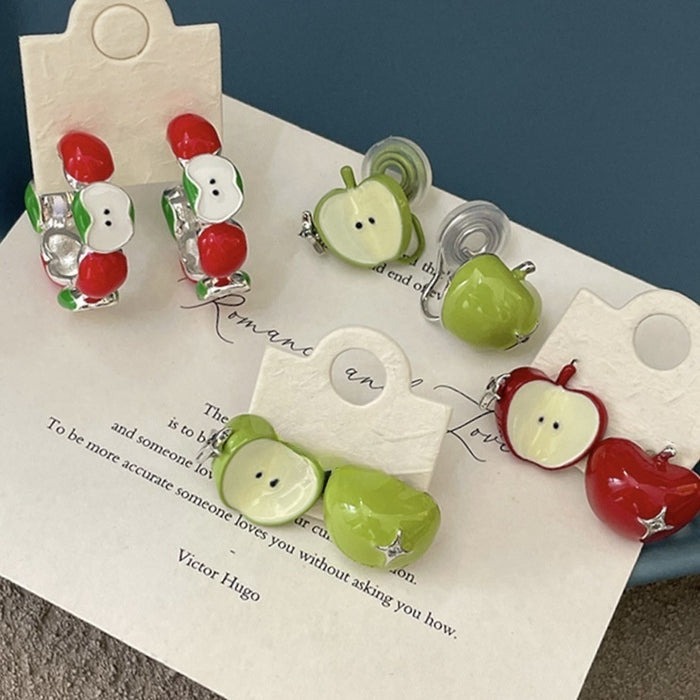 Alloy Asymmetric Apple Enamel Rhinestone Stud Earrings Pastoral Sweet Forest Style