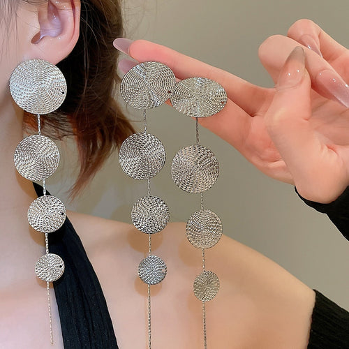 Metal Round Textured Tassel Drop Earrings, Geometric Minimalist European Style Silver Pin