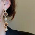 Vintage Palace Style Pearl Tiger Eye Round Tassel Drop Earrings With Rhinestone Inlaid Silver Pins view 4