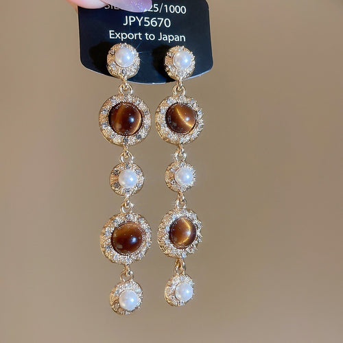 Vintage Palace Style Pearl Tiger Eye Round Tassel Drop Earrings With Rhinestone Inlaid Silver Pins