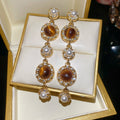Vintage Palace Style Pearl Tiger Eye Round Tassel Drop Earrings With Rhinestone Inlaid Silver Pins view 3