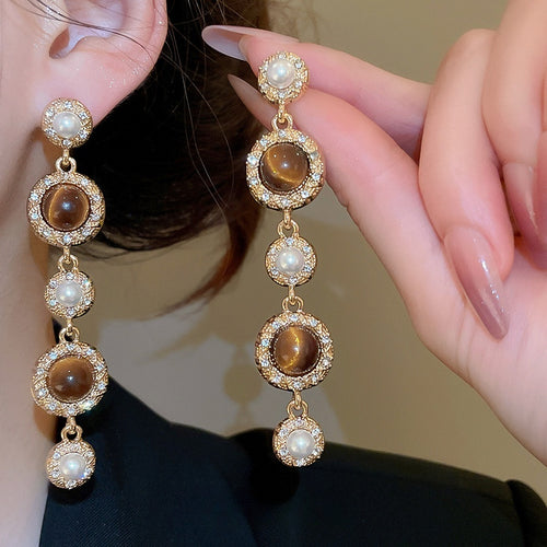 Vintage Palace Style Pearl Tiger Eye Round Tassel Drop Earrings With Rhinestone Inlaid Silver Pins