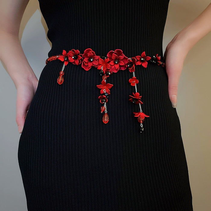 Chinese Style Crystal Beaded Acrylic Flower Layered Necklace And Waist Chain Belt