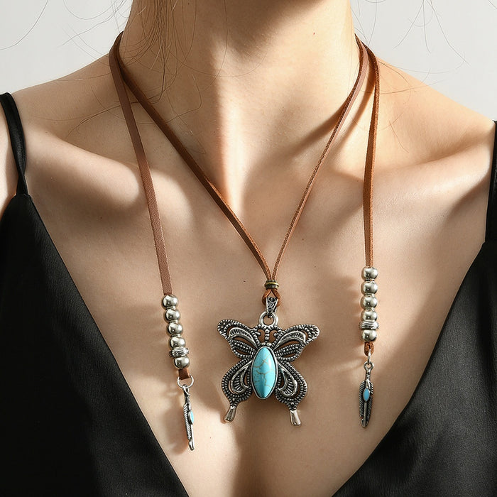 Bohemian Turquoise Butterfly Pendant Necklace For Women All Season Fashion Accessory