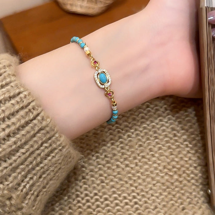 Vintage Turquoise Pearl Rose Stone Cross Geometric Beaded Bangle Jewelry