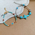 Vintage Turquoise Pearl Rose Stone Cross Geometric Beaded Bangle Jewelry view 2