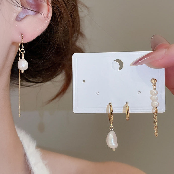French Court Style Faux Pearl Geometric Round Stud Earrings With Ear Thread Cuff Design