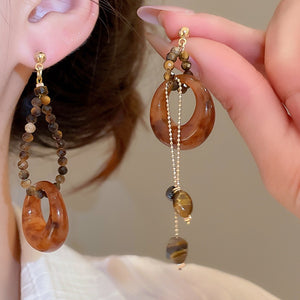 Vintage Tiger Eye Stone Resin Round Asymmetric Pendant Drop Earrings With Silver Posts
