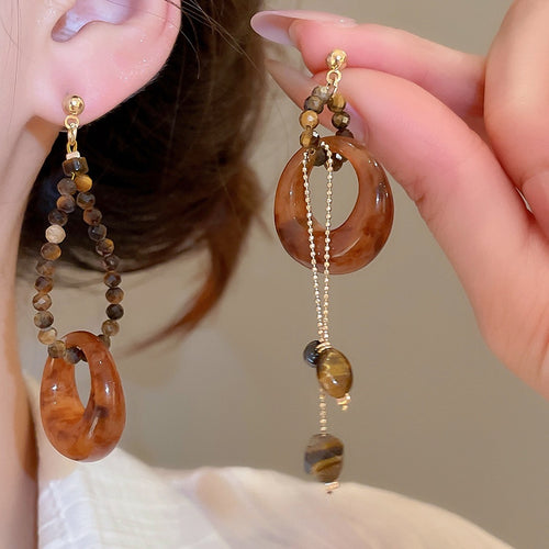 Vintage Tiger Eye Stone Resin Round Asymmetric Pendant Drop Earrings With Silver Posts