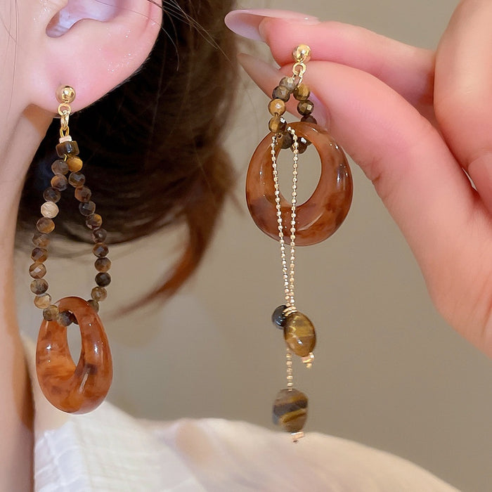 Vintage Tiger Eye Stone Resin Round Asymmetric Pendant Drop Earrings With Silver Posts
