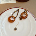 Vintage Tiger Eye Stone Resin Round Asymmetric Pendant Drop Earrings With Silver Posts view 4