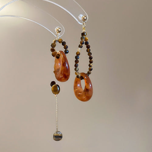 Vintage Tiger Eye Stone Resin Round Asymmetric Pendant Drop Earrings With Silver Posts