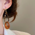 Vintage Tiger Eye Stone Resin Round Asymmetric Pendant Drop Earrings With Silver Posts view 3
