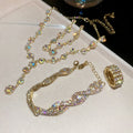 Light Luxury Copper Jewelry Set With Rhinestone Cross Round Pendant Necklace Stud Earrings Bracelet Ring view 3