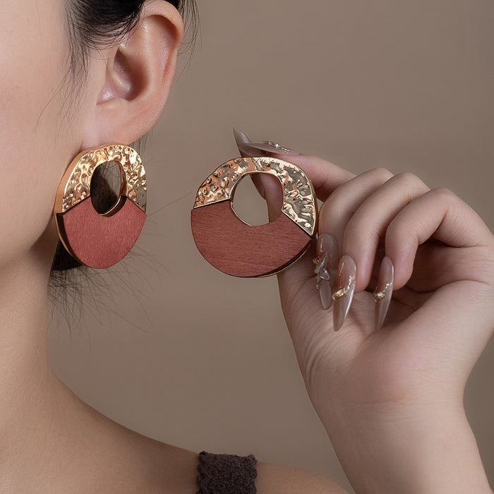 Vintage Alloy Geometric Irregular Round Hammered Metal Wood Splice Statement Stud Earrings