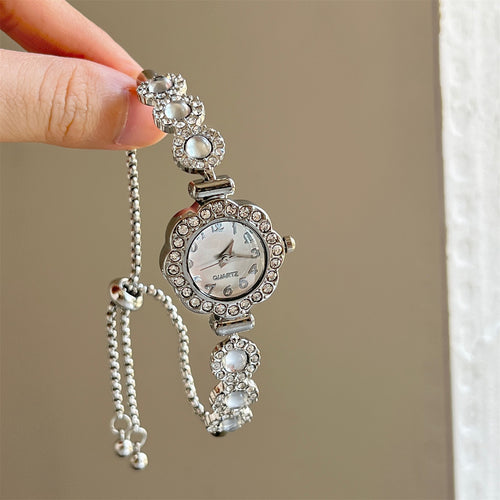 Light Luxury Alloy Geometric Round Watch Inspired Sliding Bangle With Rhinestone Accent