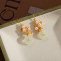 Elegant Vintage Chinese Style Gold Alloy Leaf Faux Pearl Jade Donut Pendant Hanfu Drop Hook Earrings view 3