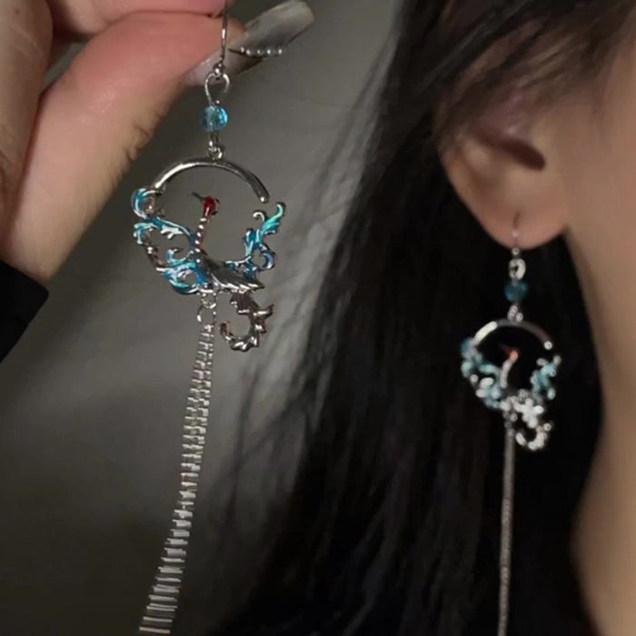 Light Luxury Alloy Phoenix Tassel Drop Earrings With Enamel Geometric Hollow Round Design
