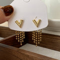 Copper V Shape Chain Tassel Drop Earrings With Silver Pins, Court Style Geometric Studs view 1