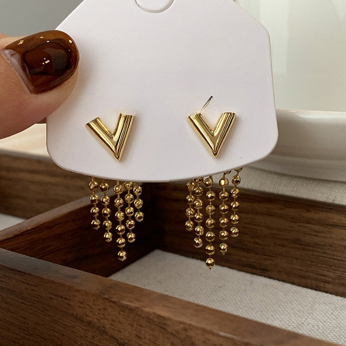 Copper V Shape Chain Tassel Drop Earrings With Silver Pins, Court Style Geometric Studs