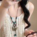 Vintage Ethnic Wood Bead Butterfly Leaf Ceramic Oval Pendant Clavicle Necklace view 3