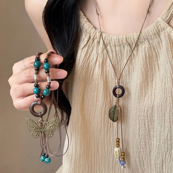 Vintage Ethnic Wood Bead Butterfly Leaf Ceramic Oval Pendant Clavicle Necklace