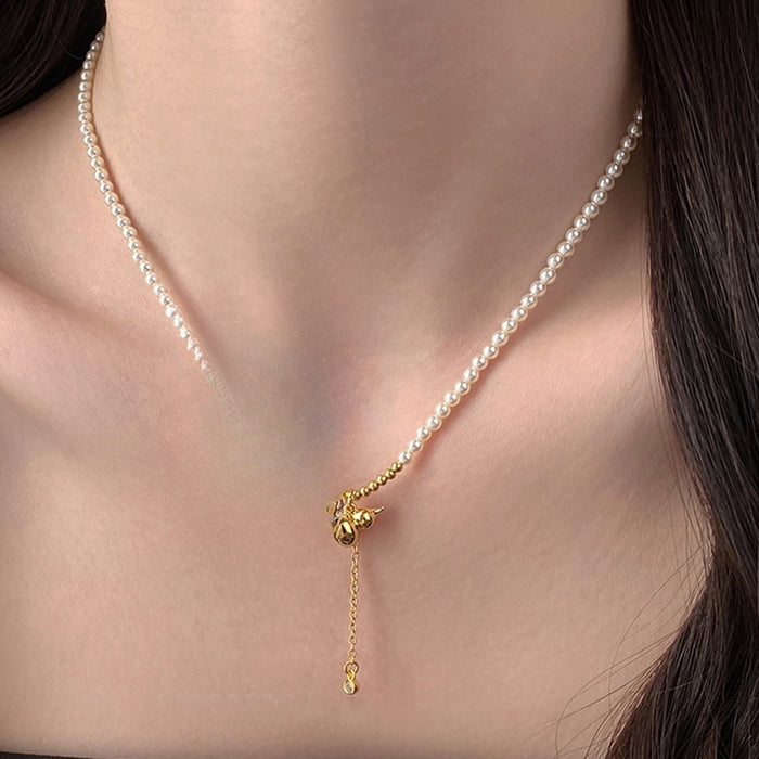 Light Luxury Faux Pearl Beaded Geometric Gourd Pendant Necklace With Zircon Accents For Women
