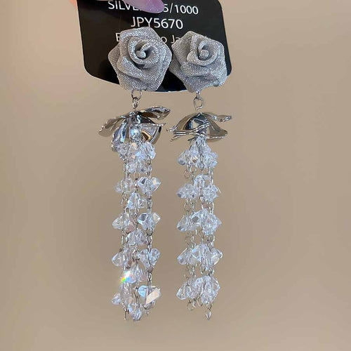 Alloy Silver Needle Rose Flower Crystal Tassel Drop Earrings Chic Floral Jewelry For Women