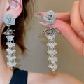 Alloy Silver Needle Rose Flower Crystal Tassel Drop Earrings Chic Floral Jewelry For Women view 2