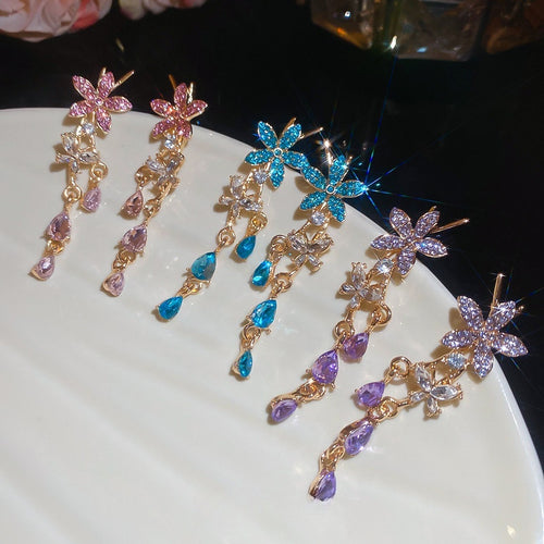 Light Luxury Alloy Rhinestone Flower Butterfly Teardrop Tassel Drop Earrings For Women