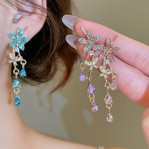 Light Luxury Alloy Rhinestone Flower Butterfly Teardrop Tassel Drop Earrings For Women