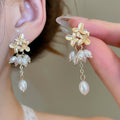 Vintage Floral Faux Pearl Tassel Drop Earrings With Silver Needle Elegant Geometric Design For Women view 2