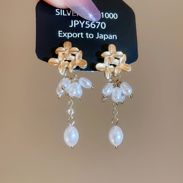 Vintage Floral Faux Pearl Tassel Drop Earrings With Silver Needle Elegant Geometric Design For Women