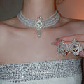 Elegant Faux Pearl Geometric Hollow Rhinestone Earrings Necklace Jewelry Set view 3
