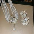 Elegant Faux Pearl Geometric Hollow Rhinestone Earrings Necklace Jewelry Set view 4
