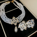Elegant Faux Pearl Geometric Hollow Rhinestone Earrings Necklace Jewelry Set view 2