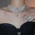 Elegant Faux Pearl Geometric Hollow Rhinestone Earrings Necklace Jewelry Set view 1