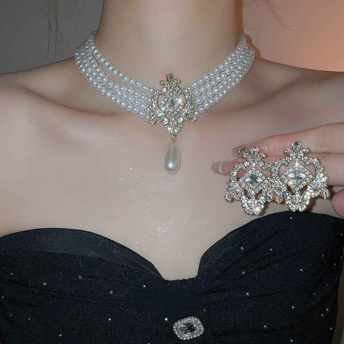Elegant Faux Pearl Geometric Hollow Rhinestone Earrings Necklace Jewelry Set