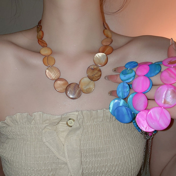 Round Shell Beaded Necklace Beach Vacation Style Geometric Clavicle Choker