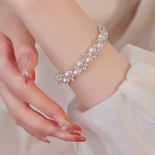Elegant Faux Pearl Zircon Rose Braided Flower Bangle, Court Style Geometric Round Bracelet