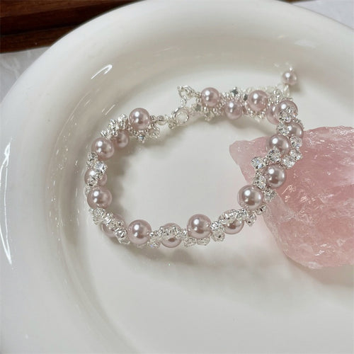 Elegant Faux Pearl Zircon Rose Braided Flower Bangle, Court Style Geometric Round Bracelet