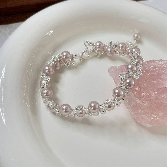 Elegant Faux Pearl Zircon Rose Braided Flower Bangle, Court Style Geometric Round Bracelet