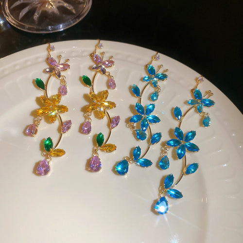 Sparkling Zircon Butterfly Flower Tassel Copper Drop Earrings For Sweet Fresh Elegant Style
