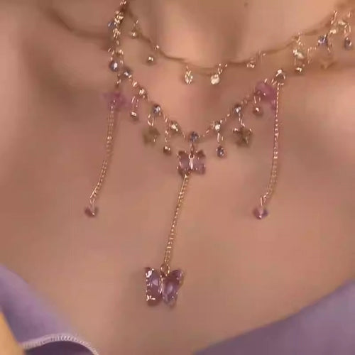 Light Luxury Alloy Double Layer Crystal Necklace With Rhinestone Flower Butterfly Pendant Tassel